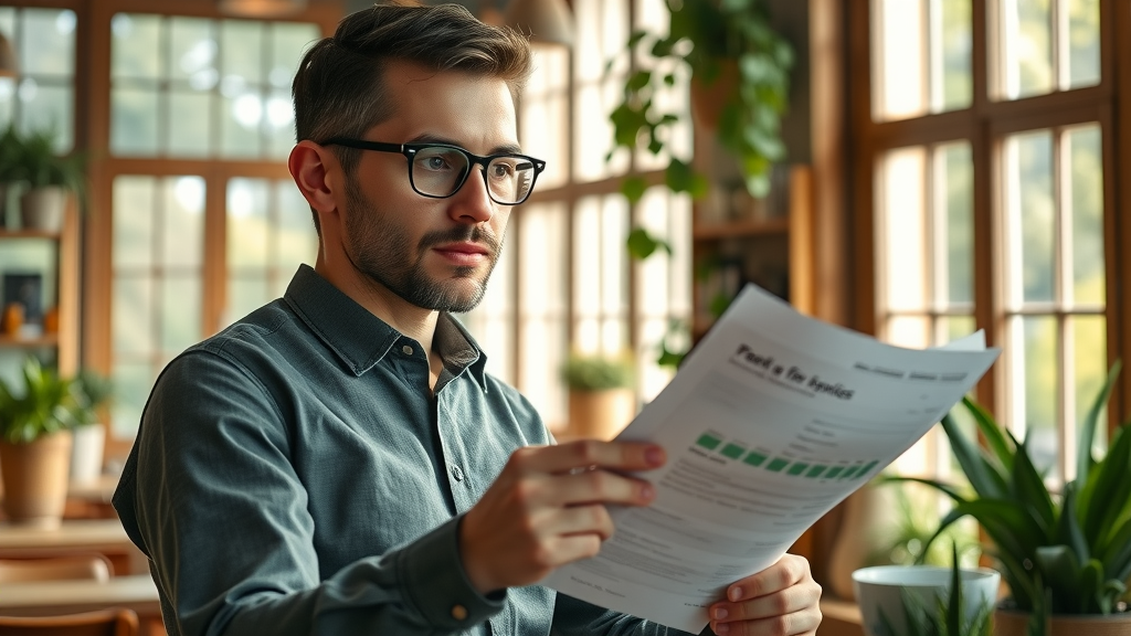 successful small business owner reviewing green financial reports in a sustainable coffee shop
