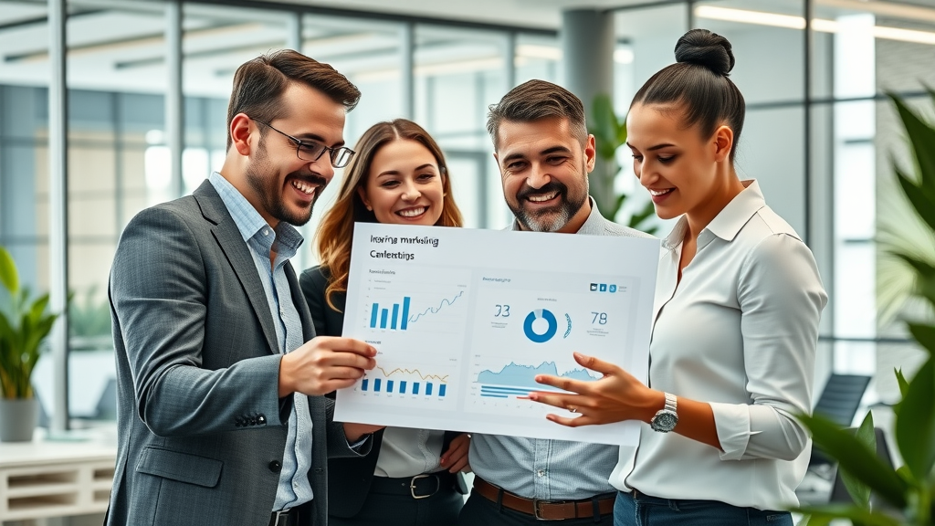marketing techniques that drive sales team analyzing analytics in a bright collaborative office