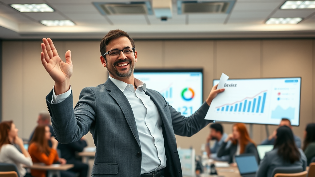 business leader presenting doubled sales growth as a result of marketing techniques that drive sales