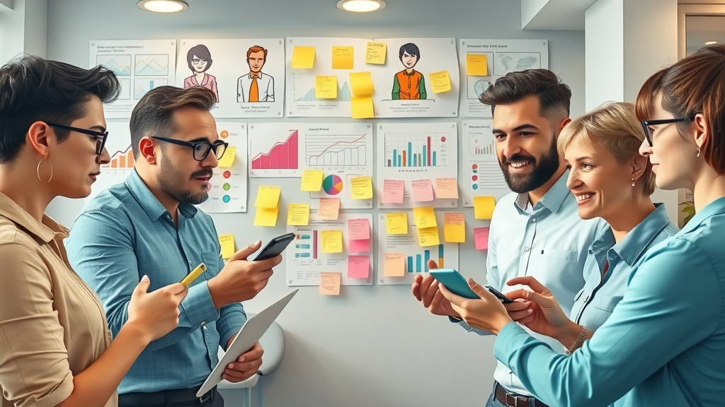 Focused team brainstorming target audience, collaborative expression, using sticky notes and digital devices, 2D Cartoon, creative office environment, marketing charts and personas, target audience research
