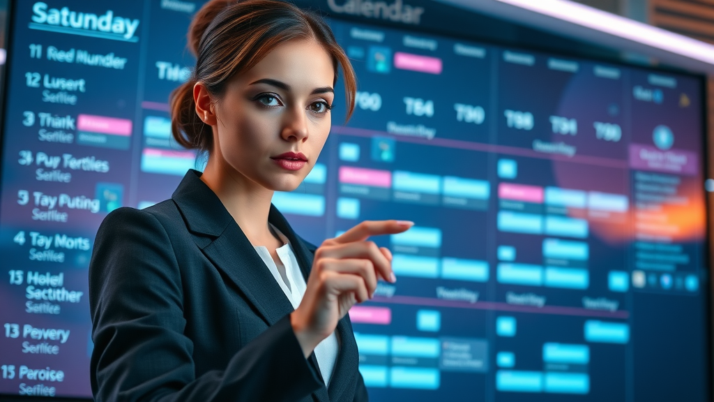 Businesswoman organizing a digital content calendar for content marketing for businesses in a modern office.