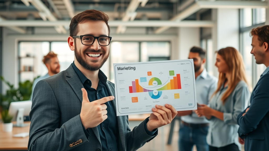 confident entrepreneur presenting a marketing diagram with team, business marketing that works