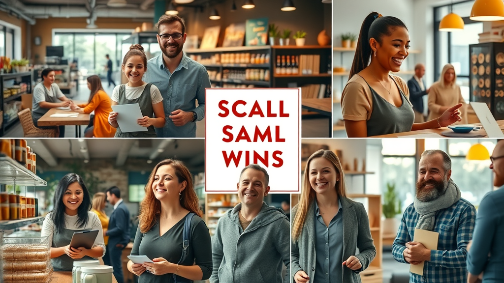 Collage of successful small businesses, joyful owners, showcasing their marketing wins, lively customer interaction and product displays, small business marketing success stories