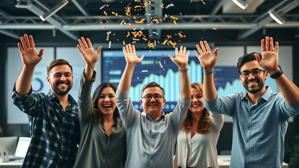 cheerful small business team celebrating growth, business marketing that works