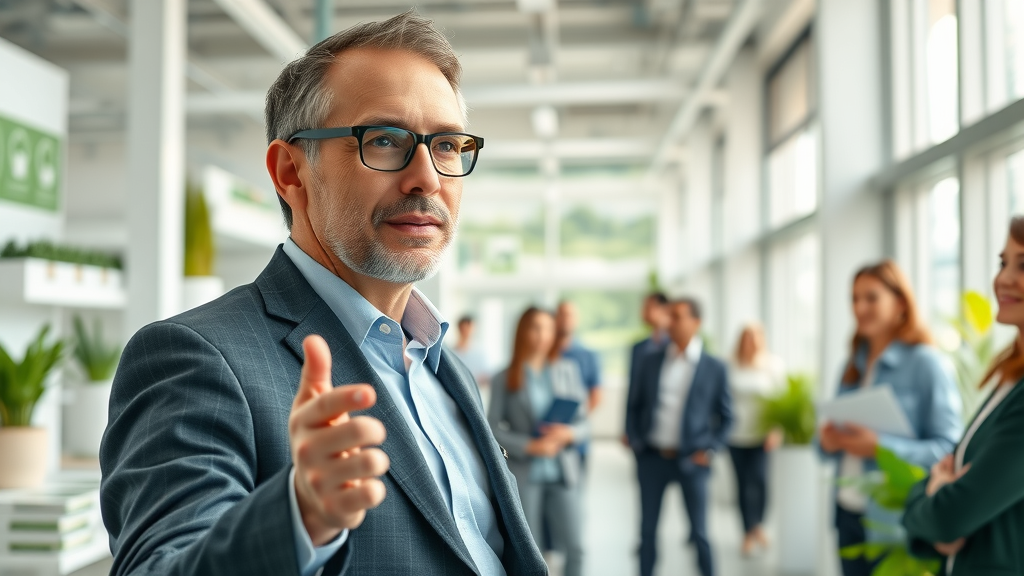 corporate leader guiding a tour in an innovative green business facility