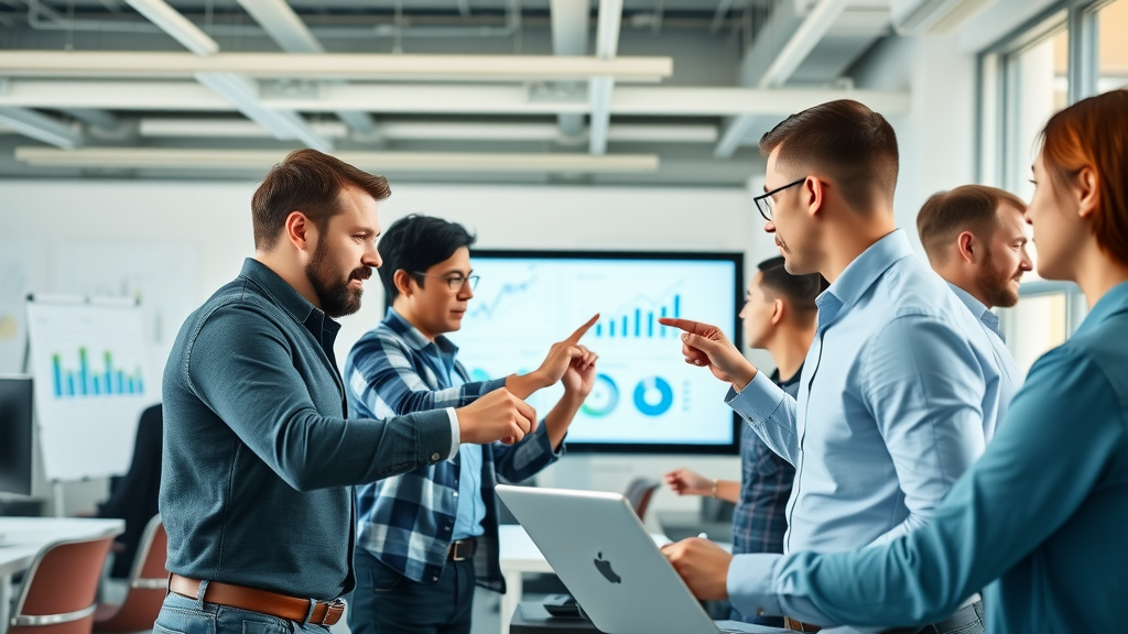 Dynamic marketers discussing customer acquisition strategies and digital analytics in a modern office.