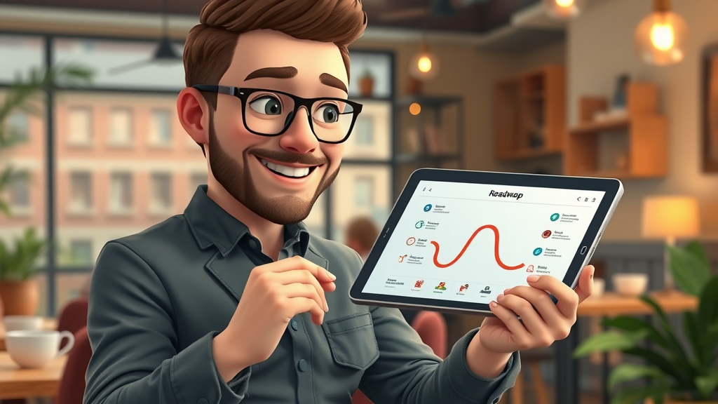 aspiring entrepreneur reviewing a digital roadmap for business growth through marketing