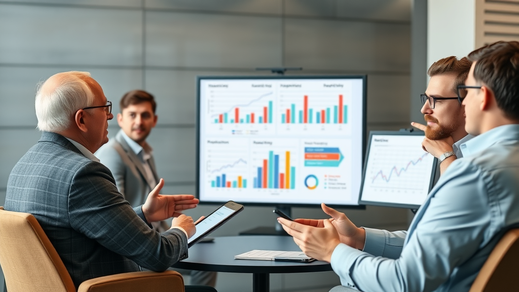 Senior marketing experts discussing results and media marketing strategy with digital presentation charts