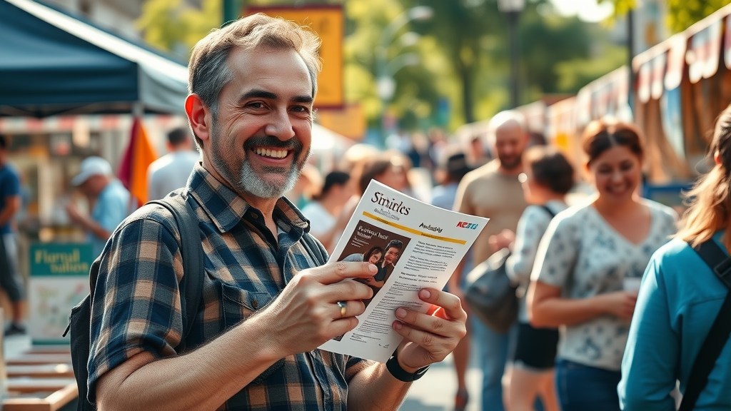 local shop owner handing out flyers at community street fair, traditional marketing for small business
