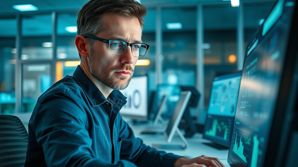 analyst reviewing sustainability metrics on a dashboard in an eco-friendly office