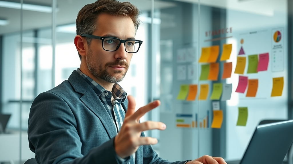 analyst at work, focused expression, mapping digital marketing goals and audience segments on glass wall with sticky notes, Cinematic, modern meeting room