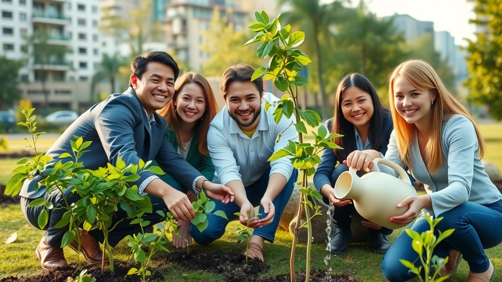 sustainable business professionals volunteering at a community tree planting project