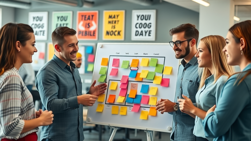 Team aligning sticky notes on large strategy board to synchronize growth strategy with strategic objectives.