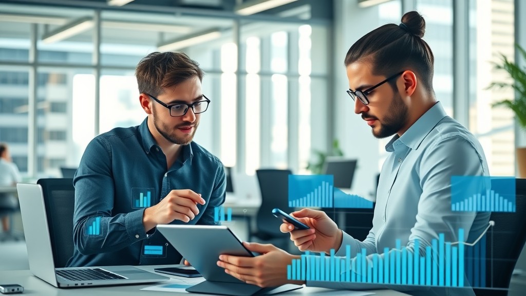 Social media marketing tactics in a vibrant modern office environment professionals analyzing digital marketing graphs on devices