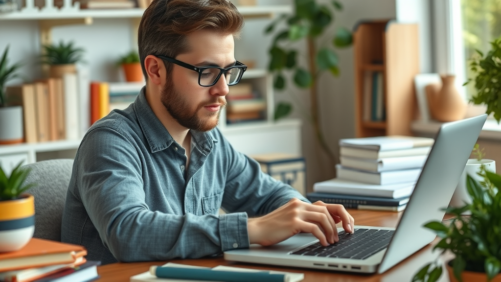Blogger writing content, thoughtful expression, typing on laptop with draft notes beside, home office loaded with books and greenery, blogging and SEO for small businesses