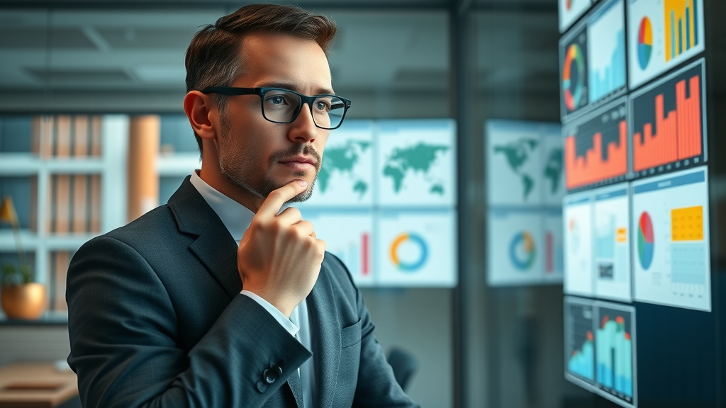 Professional marketing strategist analyzing business marketing roi charts and infographics in office