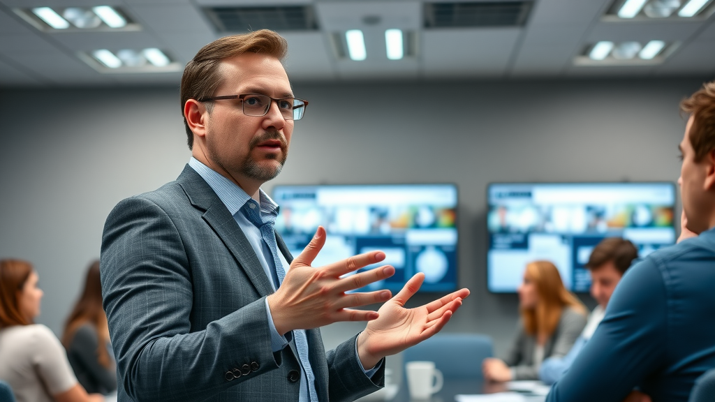expert digital marketer addressing business team, authoritative expression, presenting latest best practices and pro tips, Photorealistic High Fidelity Lifelike