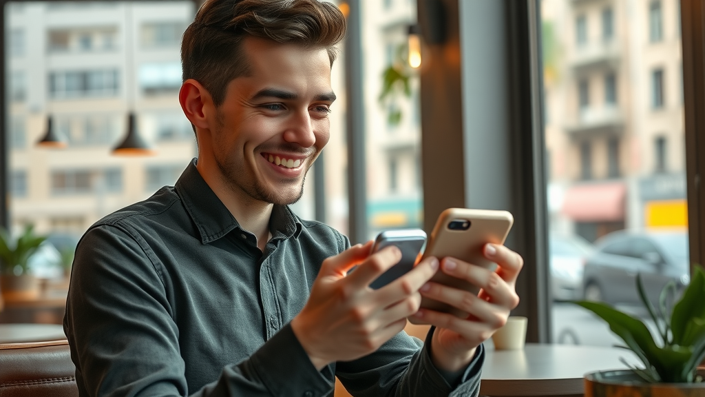 Young entrepreneur using smartphone, happy and focused, posting business content on social media, cozy café interior with urban city view, highly detailed, social media for small business marketing