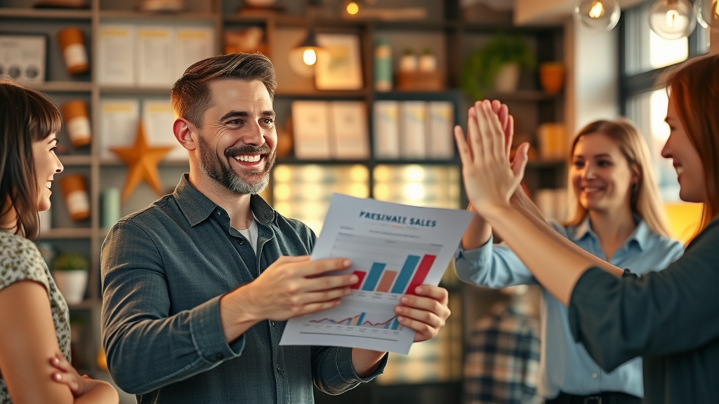 successful small business owner with team celebrating sales boost from effective marketing