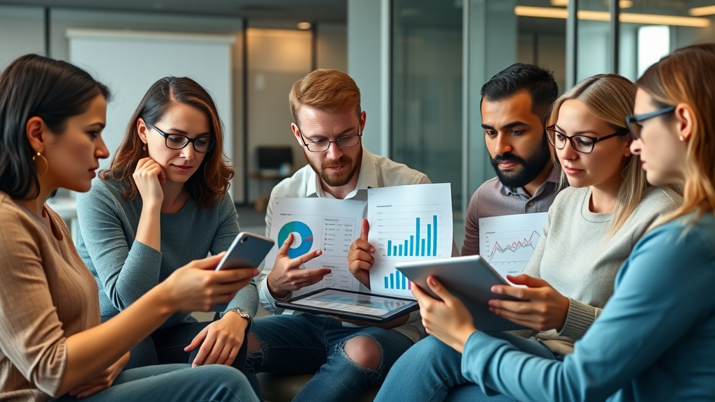 Diverse focus group analyzing demographics and discussing customer acquisition strategies.