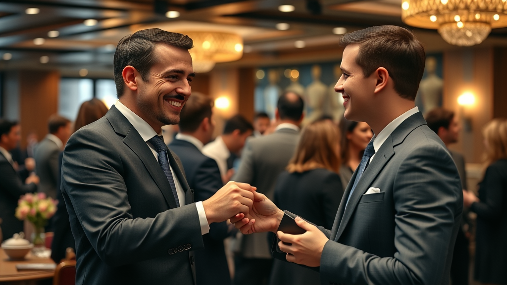 Professionals exchanging business cards, friendly and confident, warm handshake moment, networking event, business card exchange for small business marketing