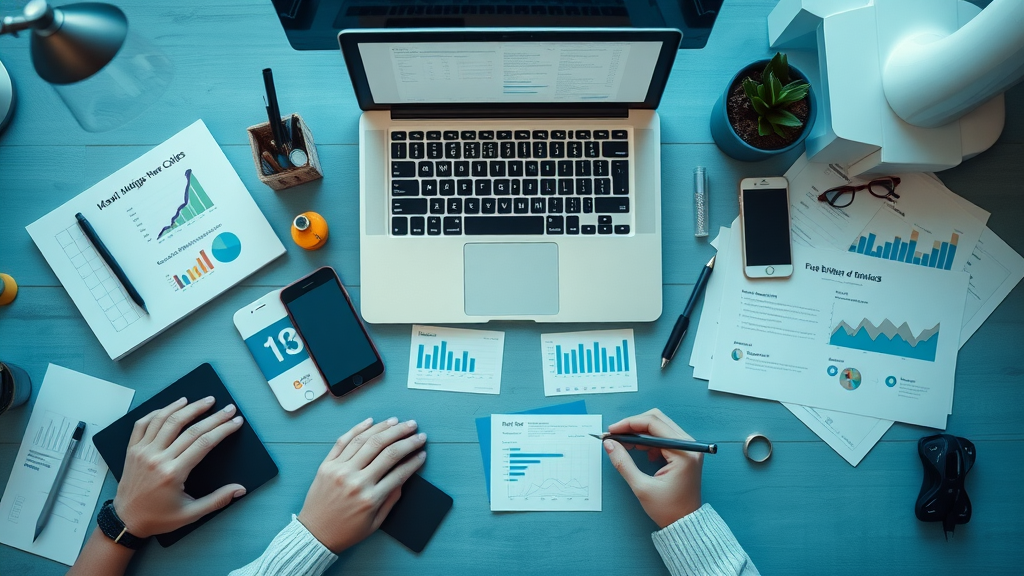 Organized display of small business marketing tools, no people visible, static composition, laptop, smartphone, business cards, flyers and analytics charts, highly detailed, small business marketing toolkit