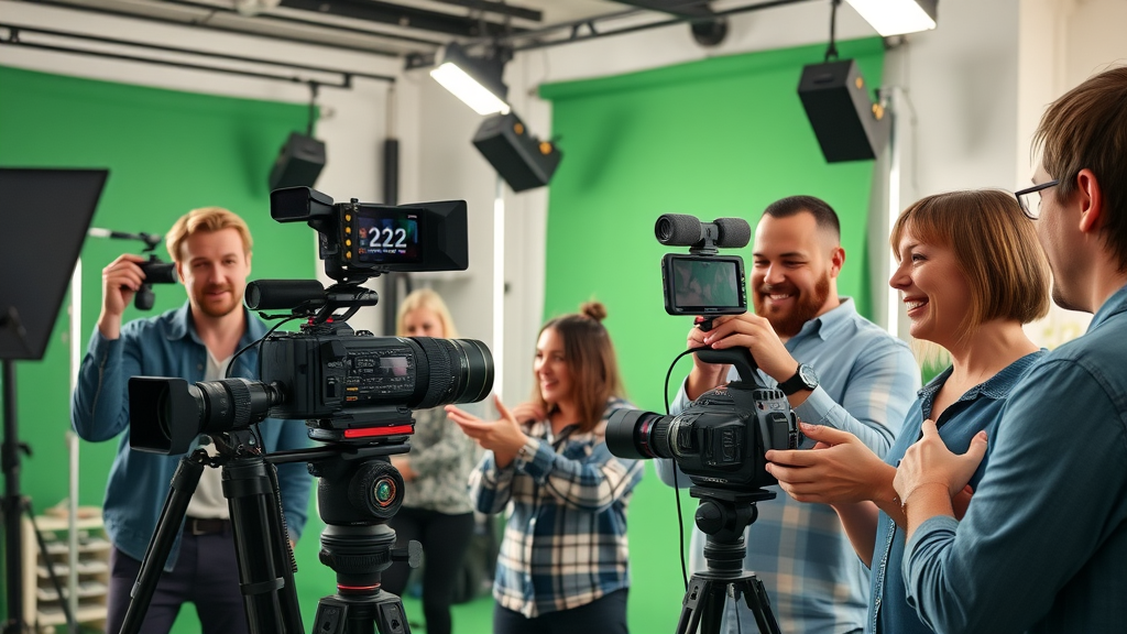 Creative team filming video content for content marketing for businesses in a bright modern studio.