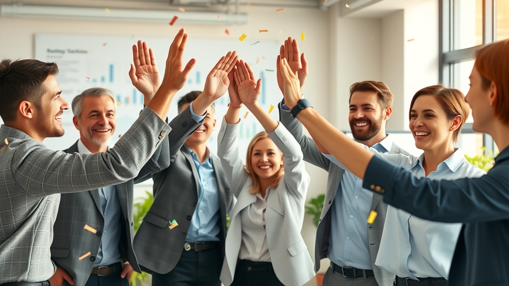 Enthusiastic business team celebrating small wins together, fostering motivation in strategic planning for growth.