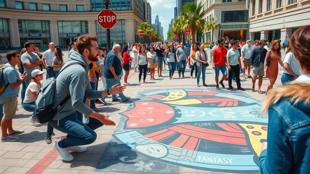 Creative outdoor guerrilla marketing stunt, people intrigued, lively urban setting, branded sidewalk art, guerrilla marketing for small businesses