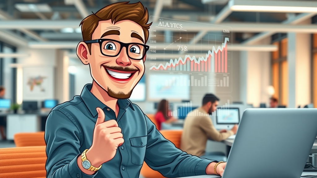 dynamic digital marketing campaign, optimistic expression, real-time analytics graphics overlay, 3D Cartoon