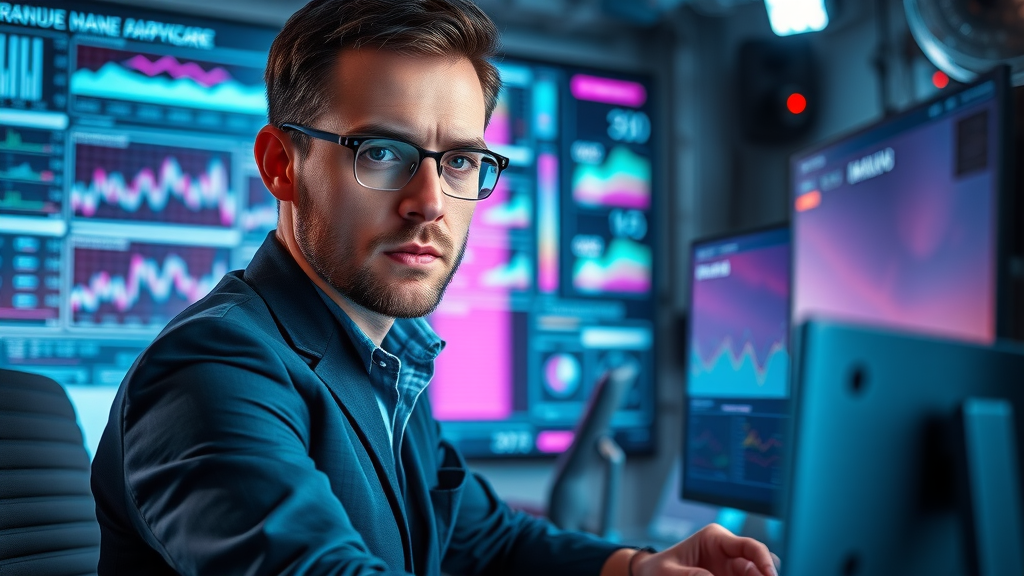 seo specialist with monitor, determined expression, optimizing search rankings using advanced analytics tools, Futuristic Sci_Fi