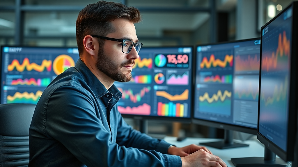 small business owner reviewing marketing dashboard performance, optimizing business marketing