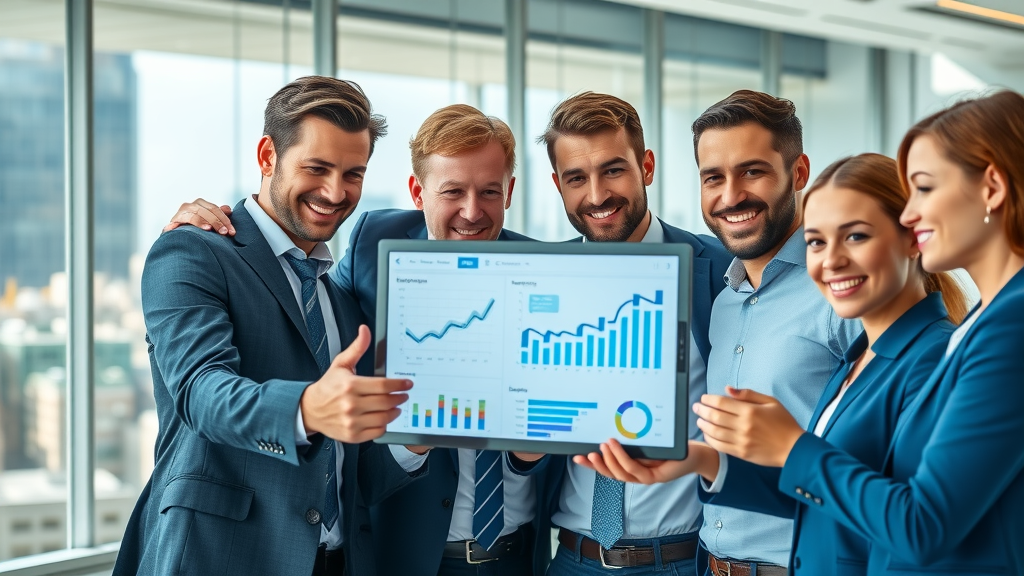 dynamic business team collaborating around digital marketing charts business growth through marketing