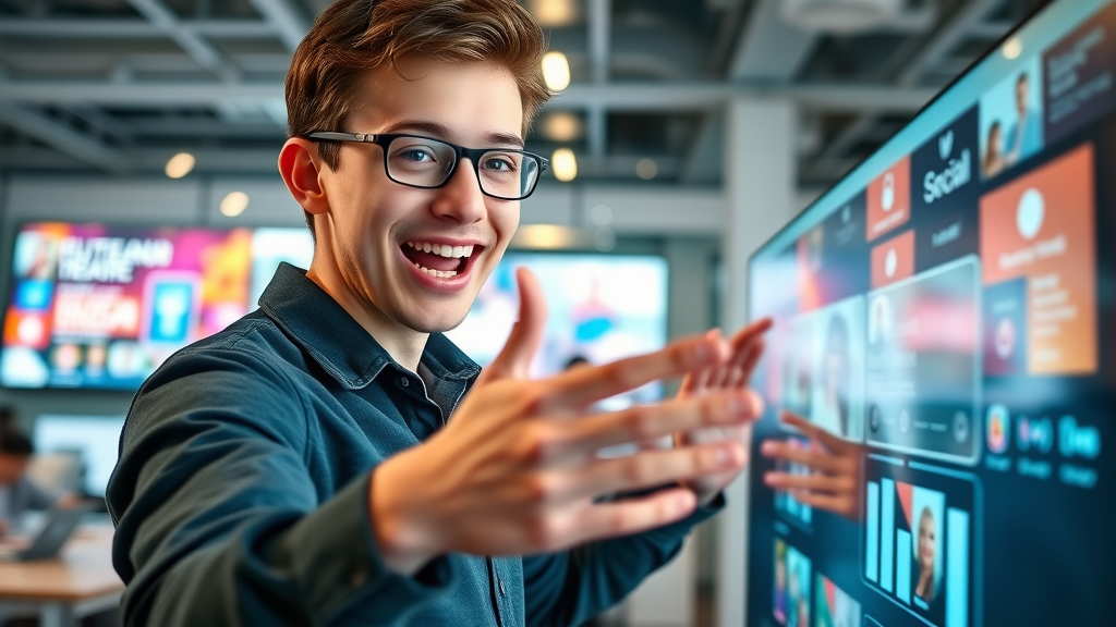 Digital marketer creating social media advertising campaign for improved marketing roi on modern touchscreen monitor