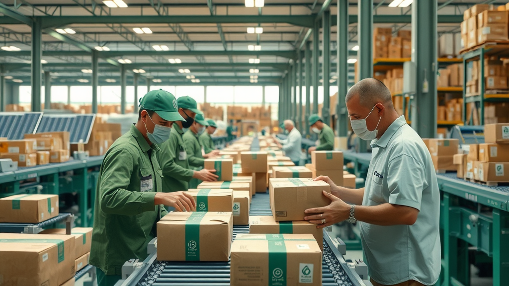 dynamic supply chain scene with workers sorting packages and green packaging materials