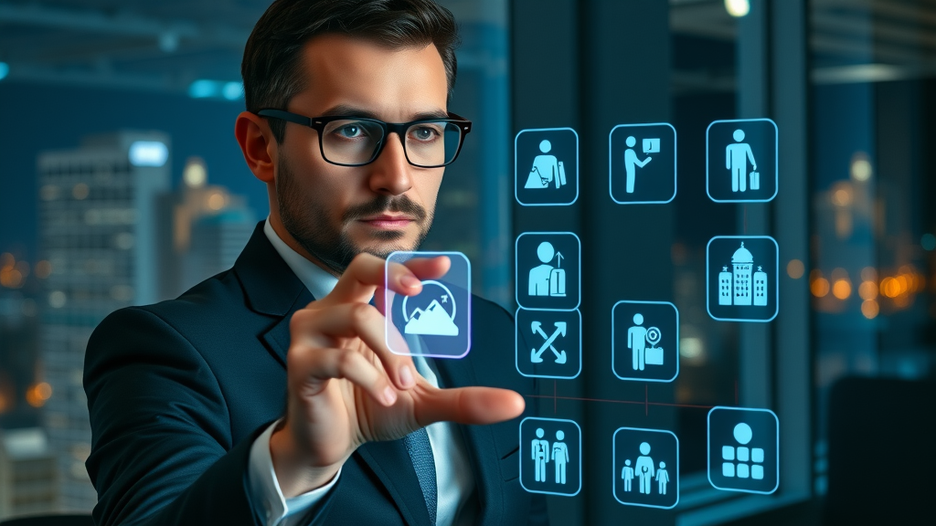 Analyst arranging icons on digital display to illustrate market penetration, product development, and other growth strategies.