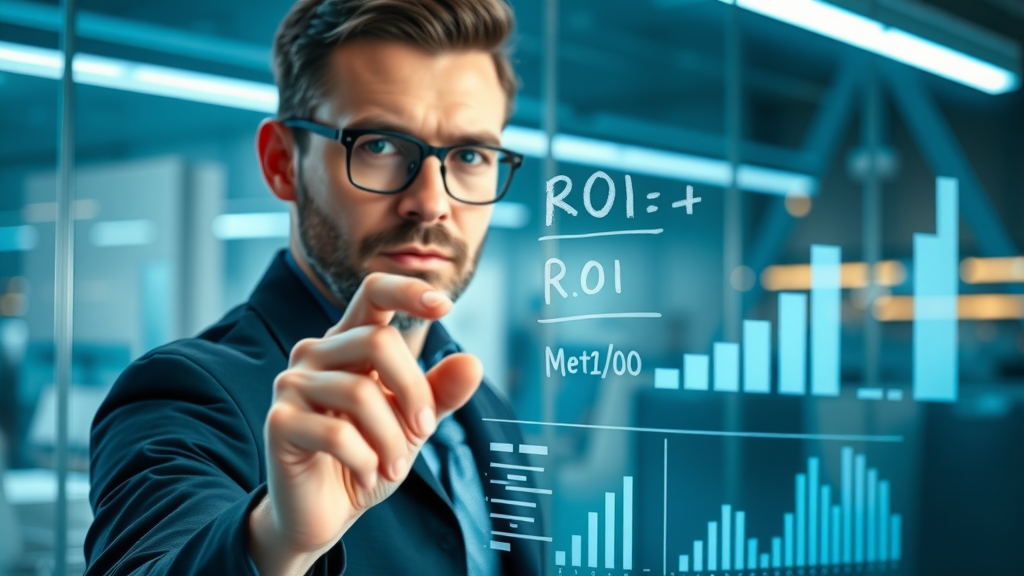 Marketing analyst explaining roi calculation formula and marketing metrics on digital whiteboard