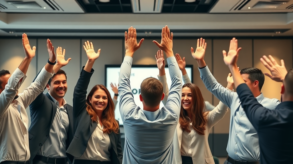 Victorious businesspeople celebrating content marketing strategy success in a modern conference space.