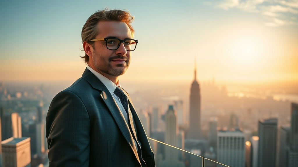 Confident entrepreneur overlooking city, symbolizing competitive advantage and business growth through strategic planning.