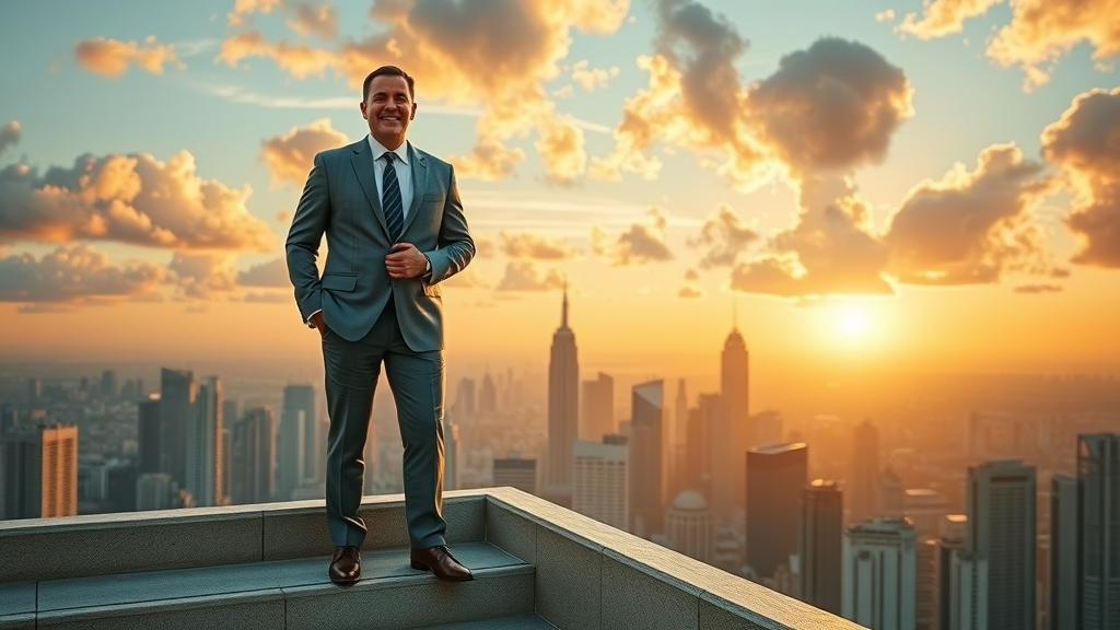 visionary business leader atop stairs leading to upward-pointing growth charts business growth through marketing
