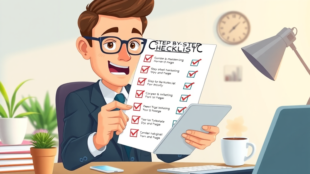 step-by-step digital marketing checklist, deliberate expression, businessperson checking tasks off tablet list, 2D Cartoon