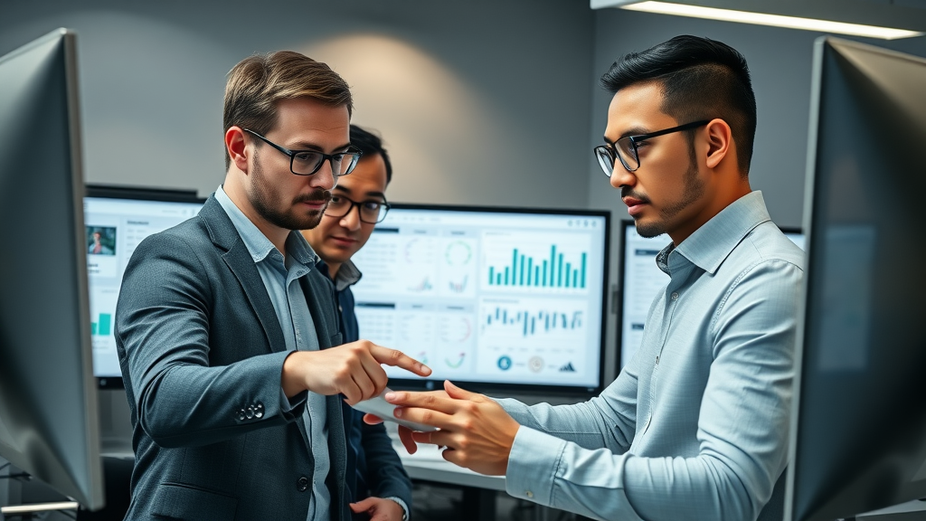 business team using top digital marketing tools, focused expressions, exploring CRM analytics dashboard, Photorealistic High Fidelity Lifelike