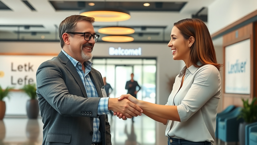 Company representative meeting happy customer to discuss effective acquisition and retention strategies.