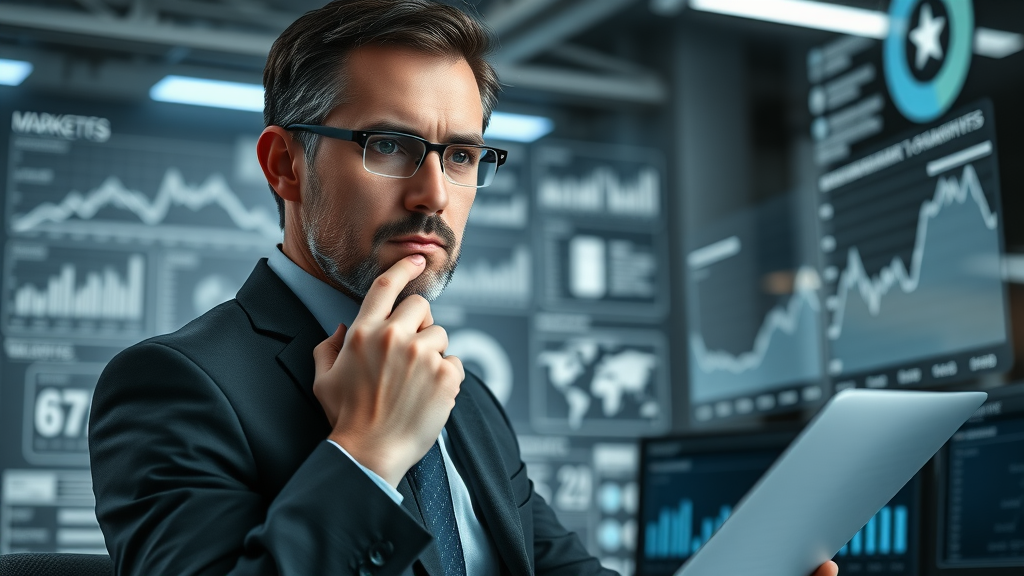 insightful marketing strategist analyzing graphs and market trends business development