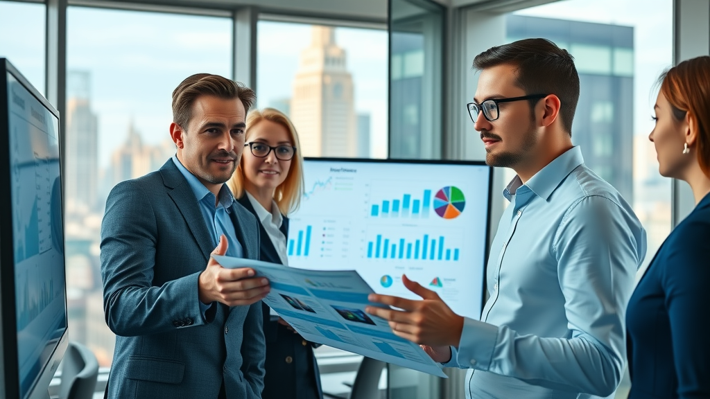 cutting-edge business professionals collaborating, confident expressions, analyzing digital marketing performance data on large screens, Photorealistic High Fidelity Lifelike, modern office with cityscape background