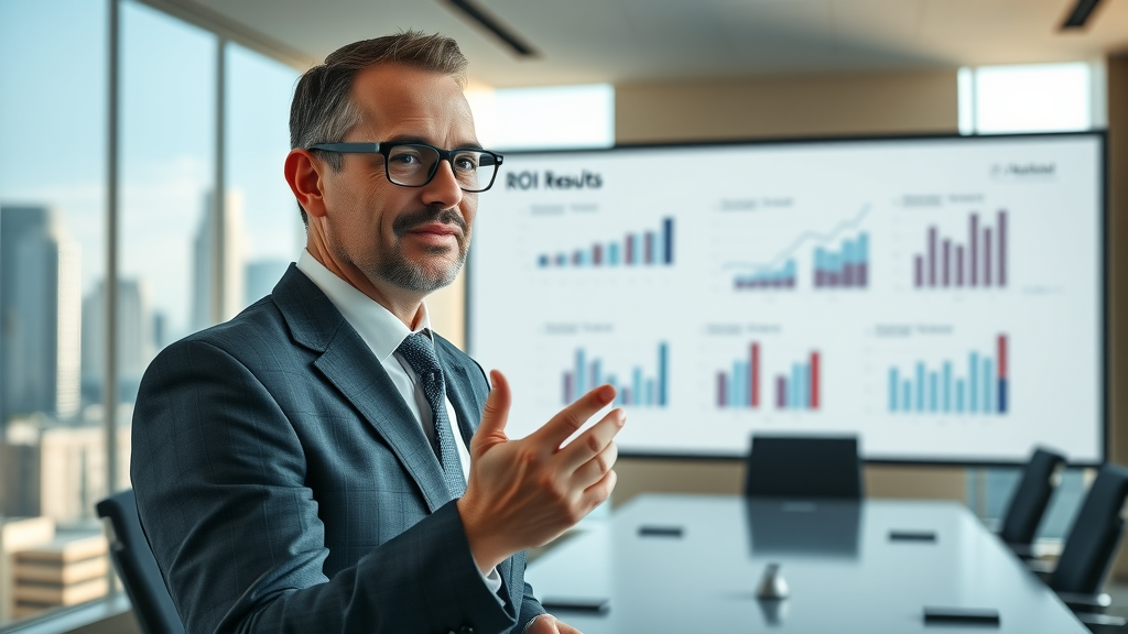 Business consultant presenting comparative marketing roi results charts in executive boardroom