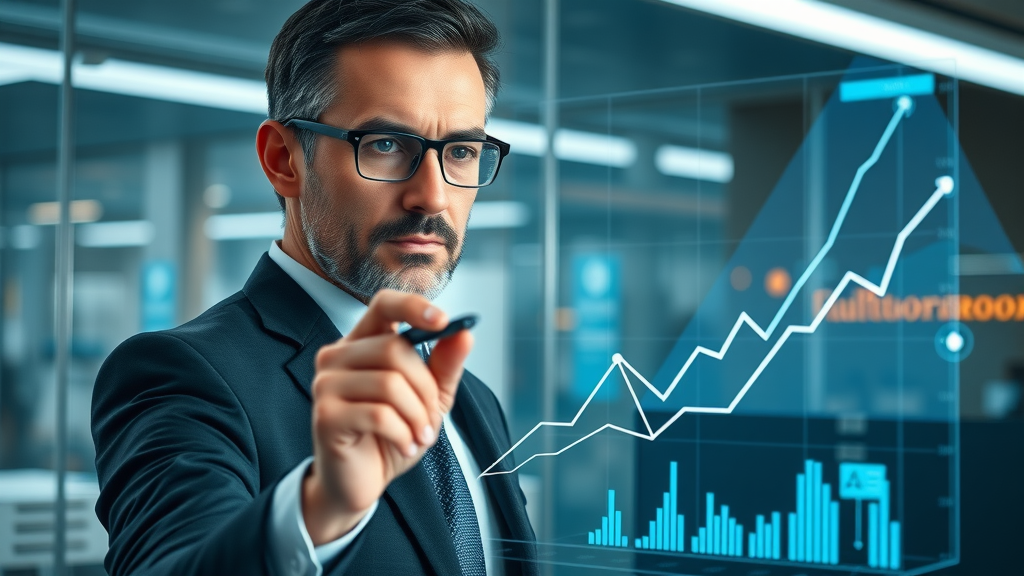 Business leader outlining a growth roadmap using digital graphs and strategy map tools.