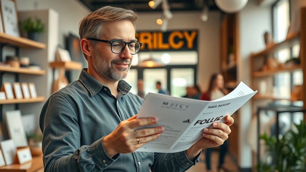 Small business owner reviewing branding materials in store
