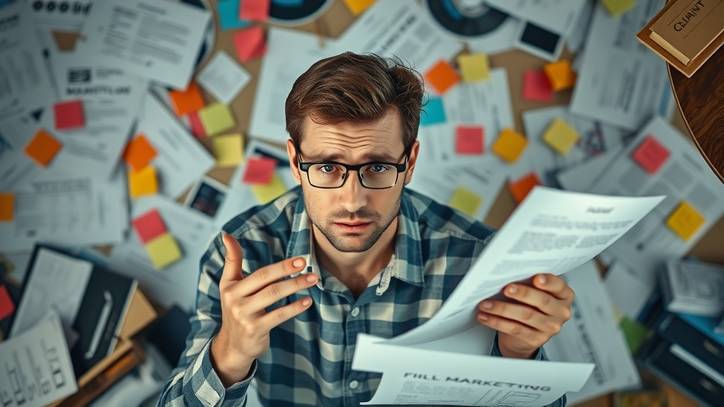 Overwhelmed small business owner, worried expression, surrounded by complicated marketing materials, small business marketing mistakes