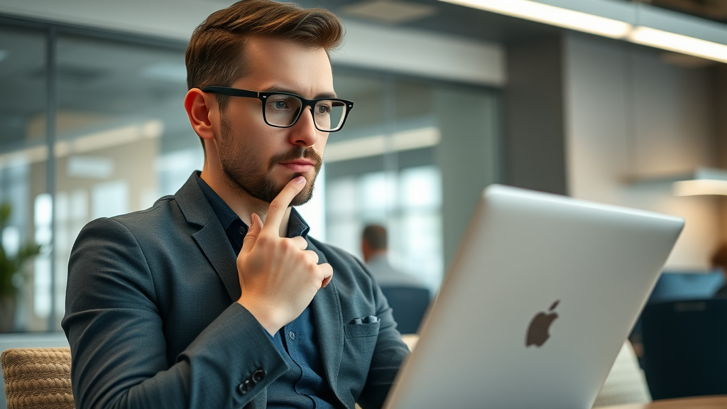 modern marketer with laptop, thoughtful expression, reviewing digital advertising strategy versus paper ads, Cinematic, office environment